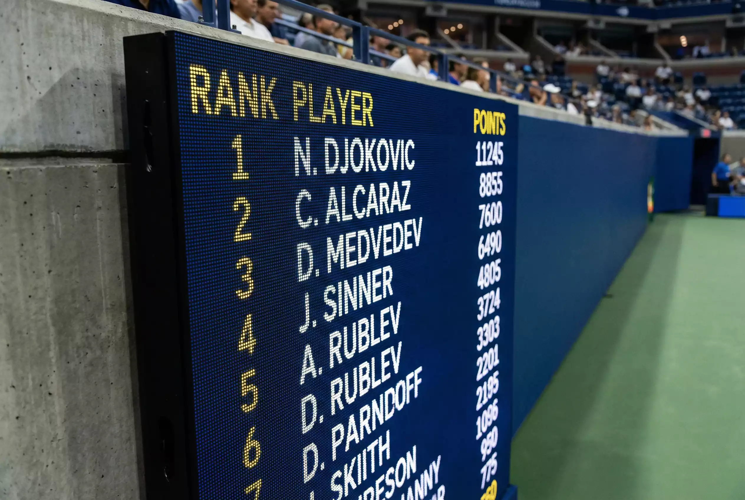 Digitale Anzeigetafel mit der aktuellen ATP-Weltrangliste Top 10 im März 2026