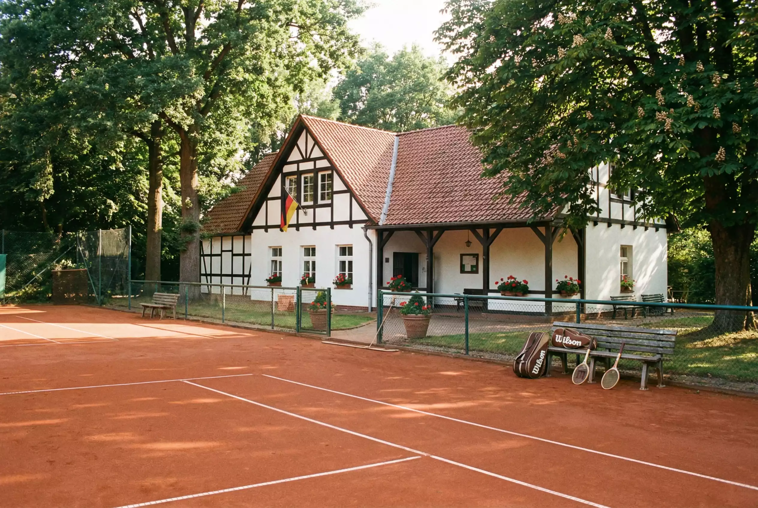 Tennisplatz in einem deutschen Verein mit Clubhaus im Hintergrund — DTB-Breitensport