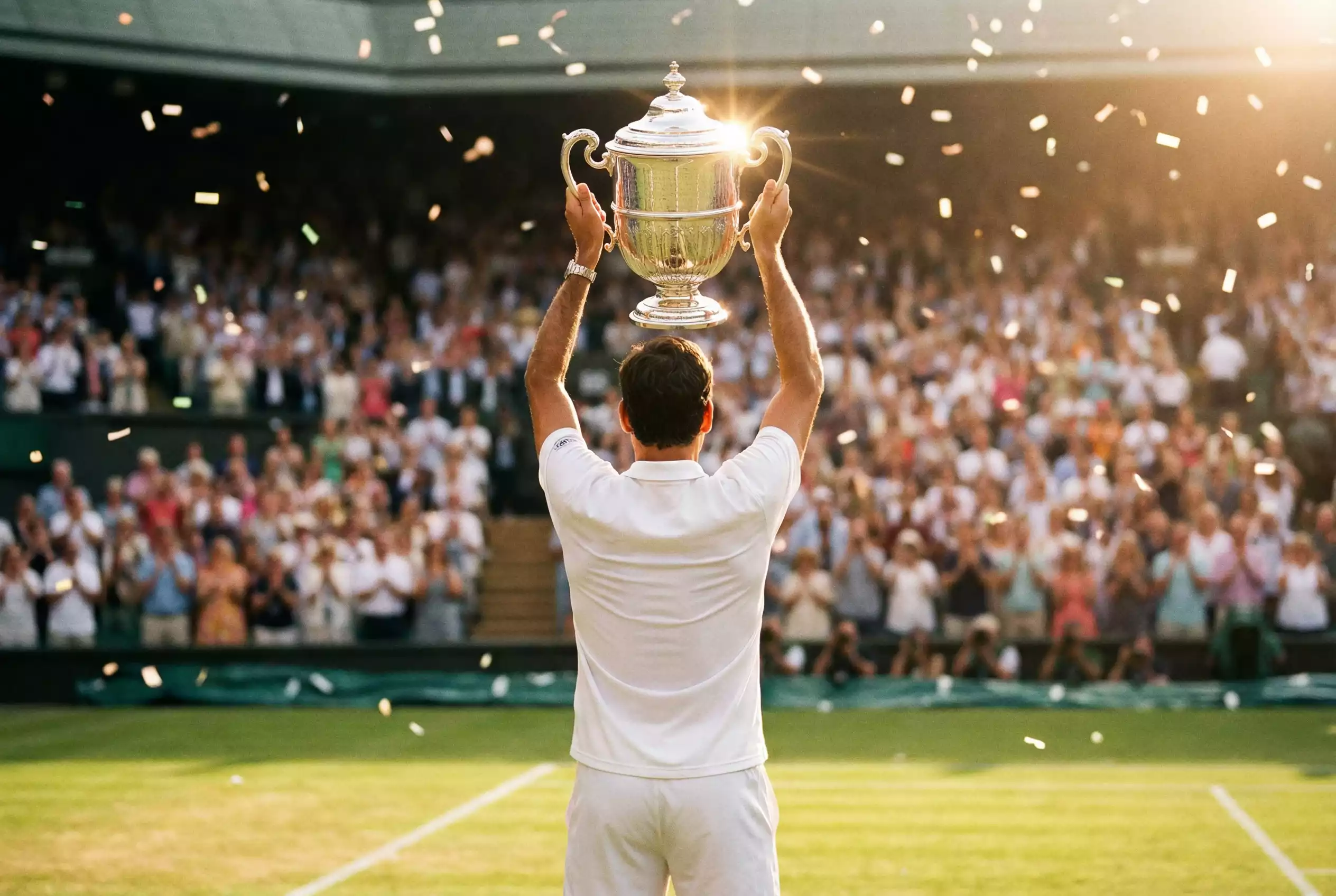 Tennisspieler hebt einen Pokal auf einem Rasenplatz — Rekorde an der Spitze der Weltrangliste